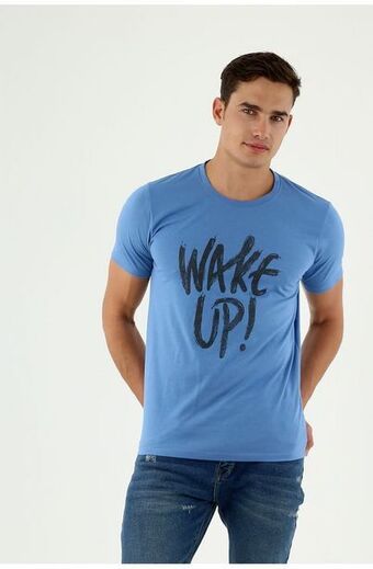 Tennis Camiseta para hombre azul estampada cuello redondo oferta