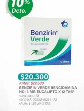 Locatel Benzirin Verde Bencidamina HCI 3 mg Eucalipto x 12 Tab oferta