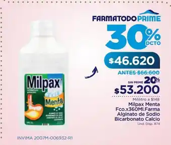 FarmaTodo Milpax Menta Fco x 360 ml Farma Alginato de Sodio Bicarbonato Calcio oferta
