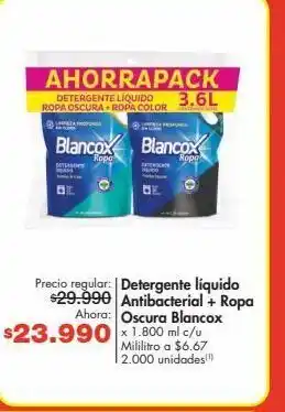 Metro Detergente líquido antibacterial + ropa oscura blancox x 1.800 ml c/u oferta