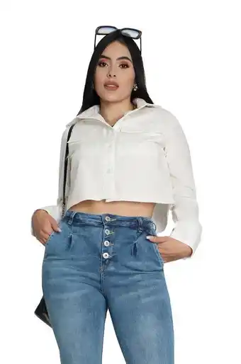 Joystaz Jeans Camisa corta manga larga, con perilla cubre botón. color marfil, negro. oferta