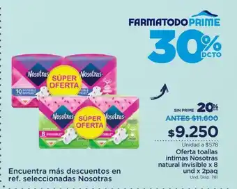 FarmaTodo Nosotras Toallas intimas natural invisible x 8 und x 2 paq oferta