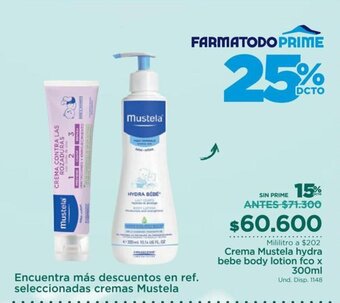 FarmaTodo Mustela Crema hydra bebe Body lotion fco x 300 ml oferta