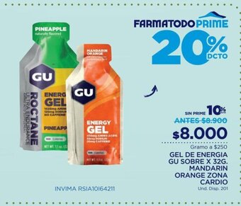 FarmaTodo GU Gel de energia Sobre x 32g Mandarin Orange Zona Cardio oferta