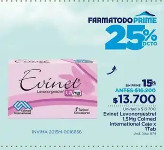 FarmaTodo Evinet Levonorgestrel 1.5mg Colmed International Caja x 1 Tab oferta