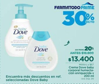FarmaTodo Dove Crema Baby corporal humectacion enriquecida x 200 ml oferta