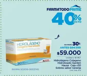 FarmaTodo Hidrolageno Colageno Hidrolizado Garden Hause x30 Sobres sabor naranja oferta