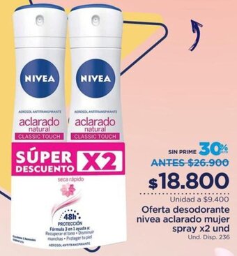 FarmaTodo Oferta Desodorante Nivea Aclarado Mujer Spray x 2 Unid oferta