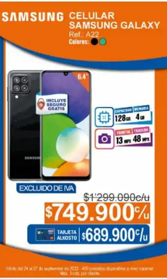 Alkosto Samsung Celular Galaxy A22 oferta