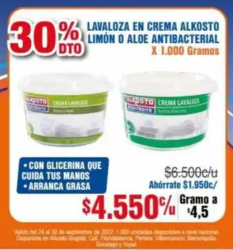 Alkosto Lavaloza en Crema Alkosto Limón o Aloe Antibacterial x 1.000 gramos oferta