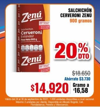 Alkosto Salchichón Cerveroni Zenú 900 gramos oferta