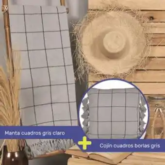 Combo cojín borlas 45*45 cuadros + manta cuadros gris claro