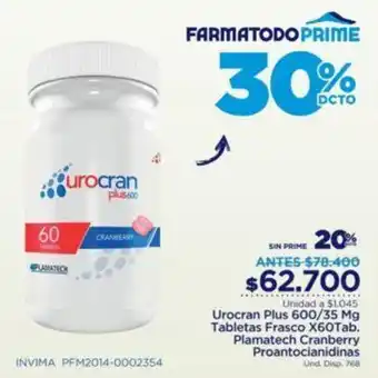 FarmaTodo Urocan Plus 600/35mg Tabletas Frasco 60 Tab Plamatech Cranberry Proantocianidinas oferta