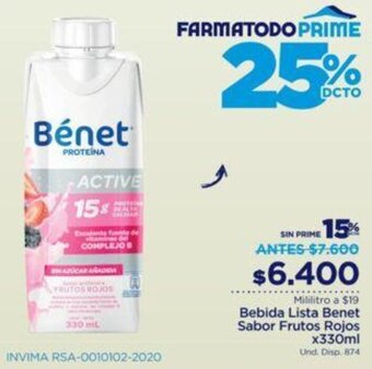 FarmaTodo Bebida Lista Benet Sabor Frutos Rojos 330ml oferta