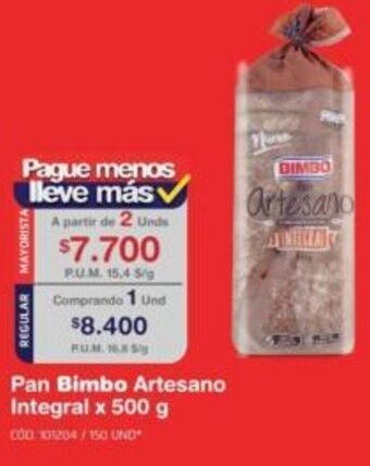 Makro Pan Bimbo Artesano Integral 500g oferta