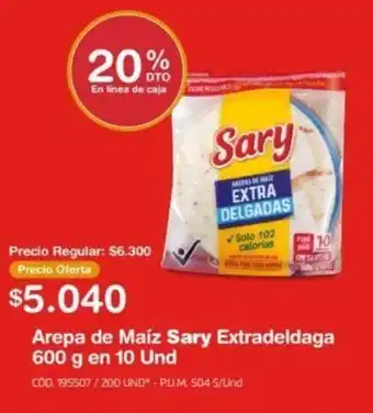 Arepa de Maíz Sary Extradelgada 600g x 10Und