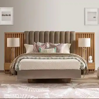 Muebles Jamar Cama doble oxford lino café, natural y taupe oferta