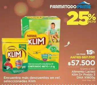 FarmaTodo Alimento Lacteo Klim 3+ Prenio 3 DHA 1800g oferta