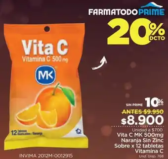 FarmaTodo Vita C MK 500mg Naranja Sin Zinc Sobre 12 Tablets Vitamina C oferta