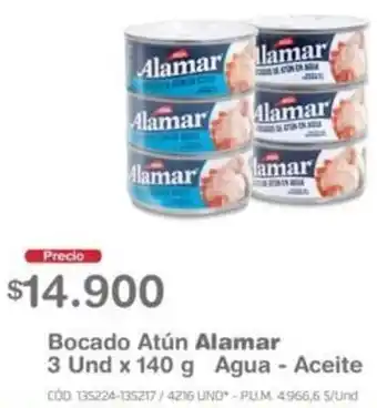 Makro Bocado Atún Alamar 3 Und 140g Agua-Aceite oferta