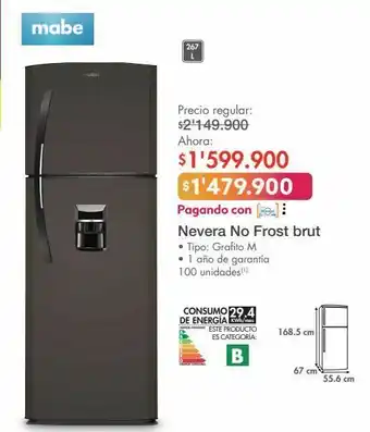 Metro Nevera mabe 267l no frost brut • tipo: grafito m oferta