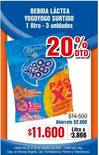 Alkosto Alpina Bebida Lactea Yogoyogo Surtido 1 Litro - 3 unidades oferta