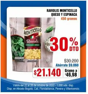 Alkosto Monticello Raviolis Queso Y Espinaca 450 gramos oferta