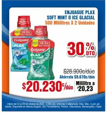 Alkosto Colgate Enjuague Plax Soft Mint o Ice Glacial 500 Mililitros x 2 unidades oferta