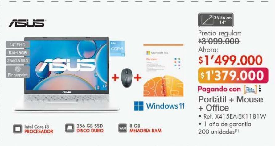 Metro Asus portátil + mouse + office • ref. x415ea-ek1181w oferta