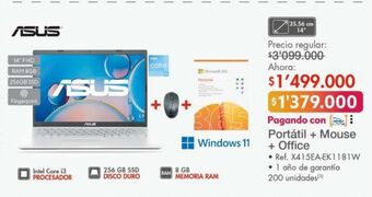 Metro Asus portátil + mouse + office • ref. x415ea-ek1181w oferta