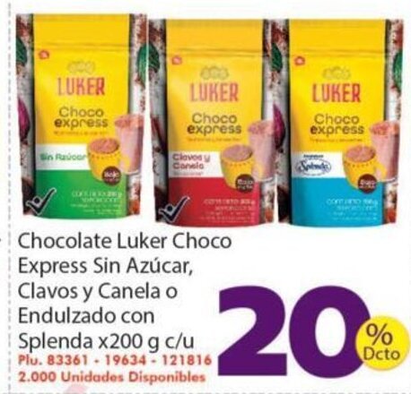 Mercaldas Luker Choco Chocolate Express Sin Azucar, Clavos y Canela o Endulzado con Splenda x 200g c/u oferta