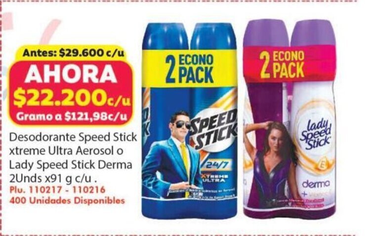Mercaldas Speed Stick Desodorante Xtreme Ultra Aerosol o Lady Speed Stick Derma 2 unds x 91g c/u oferta