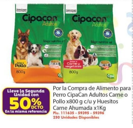 Mercaldas Cipacan Por la Compra de Alimento para Perro Adultos Carne o Pollo x 800g c/u Huesitos Carne Ahumada x 1 kg oferta