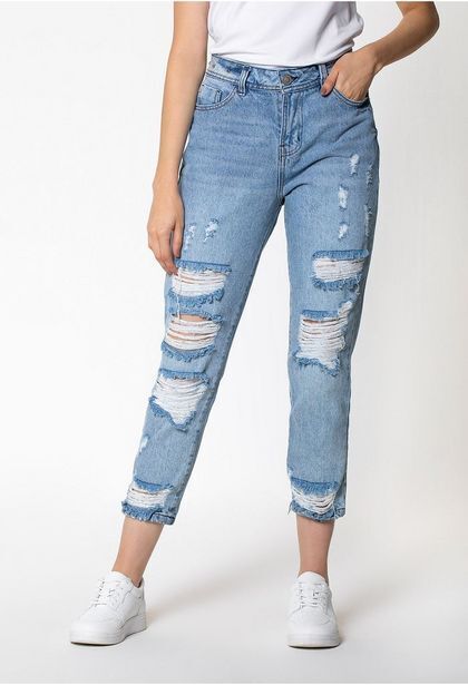 ELA Jean boyfriend tiro alto con taches en p oferta