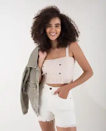 Naf Naf Camiseta tejida para mujer cruda de tiras cropped con detalles bordados oferta