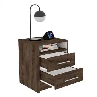 Estra Mesa de noche douglas, chocolate y blanco, con un entrepaño superior y dos cajones organizadores oferta