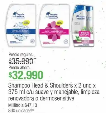 Jumbo Shampoo head & shoulders x 2 und x 375 ml c/u suave y manejable, limpieza renovadora o dermosensitive oferta