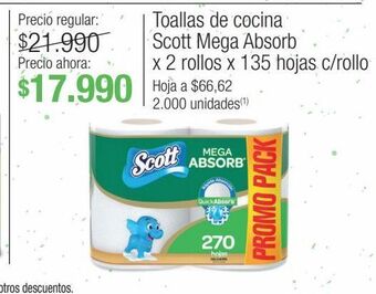 Jumbo Toallas de cocina scott mega absorb x 2 rollos x 135 hojas c/rollo oferta