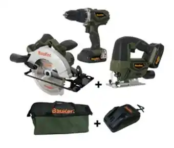 Constructor Combo taladro percutor + sierra caladora + sierra circular 7-1/4-pulg 18v bauker oferta