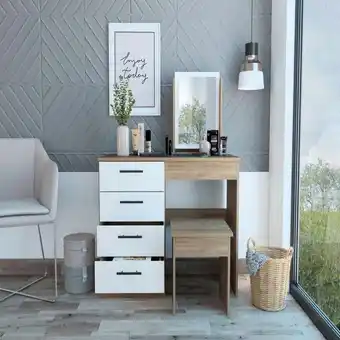 Éxito Mueble tocador wesley, miel y blanco, cuatro cajones para ubicar maquillaje oferta