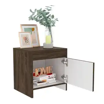 Mesa de noche tutto, chocolate y blanco, con un cajón amplio ideal para espacios pequeños