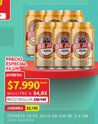 Ara Cerveza 20 de julio de 330 ml x 6 un oferta