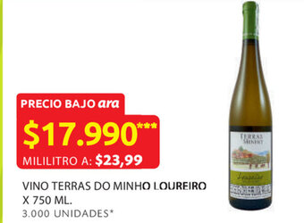 Ara Vino terras do minho loureiro x 750 ml. oferta