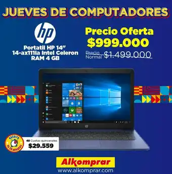 Alkomprar Portatil HP 14" 14-ax111la intel celeron RAM 4 GB oferta