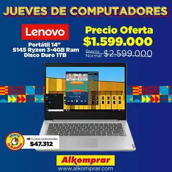 Alkomprar Portátil HP 14" S145 ryzen 3-4GB ram disco duro 1TB oferta