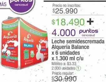 Jumbo Leche semidescremada alquería balance x 6 unidades x 1.300 ml c/u oferta