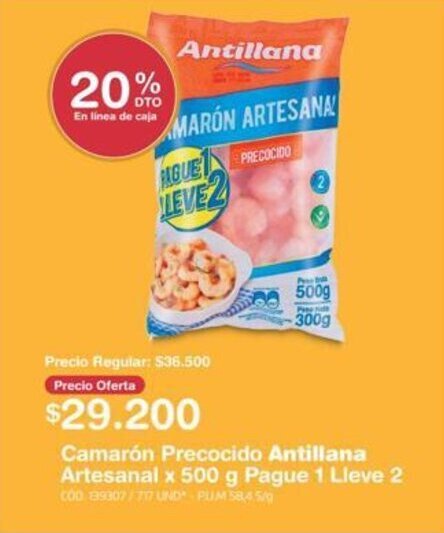 Makro Antillana Camaron Precocido Artesanal x 500g Pague 1 Lleve 2 oferta