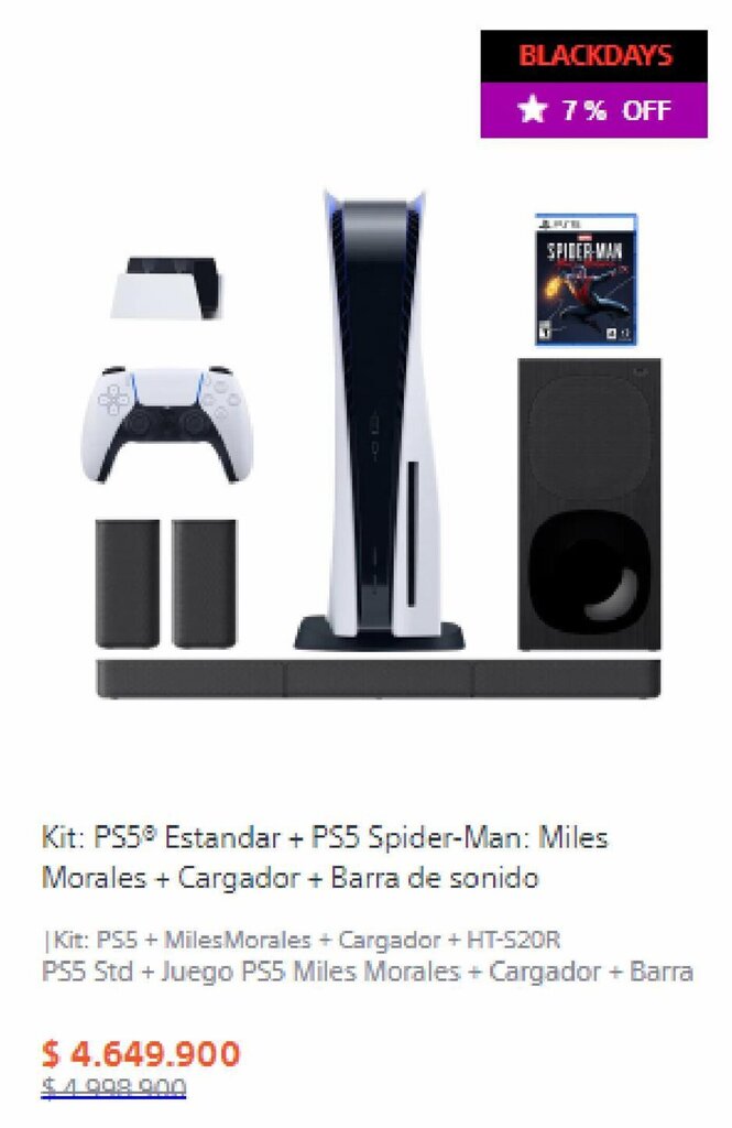 Sony Sony Kit: PS5 Estandar + PS5 Spider-Man: Miles Moreles + Cargador + Barra de sonido oferta