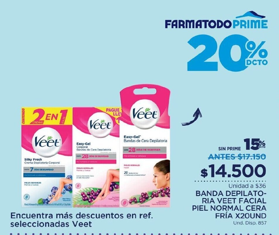 FarmaTodo Veet Facial Piel Normal Cera Fria Banda Depilatoria x 20 und oferta