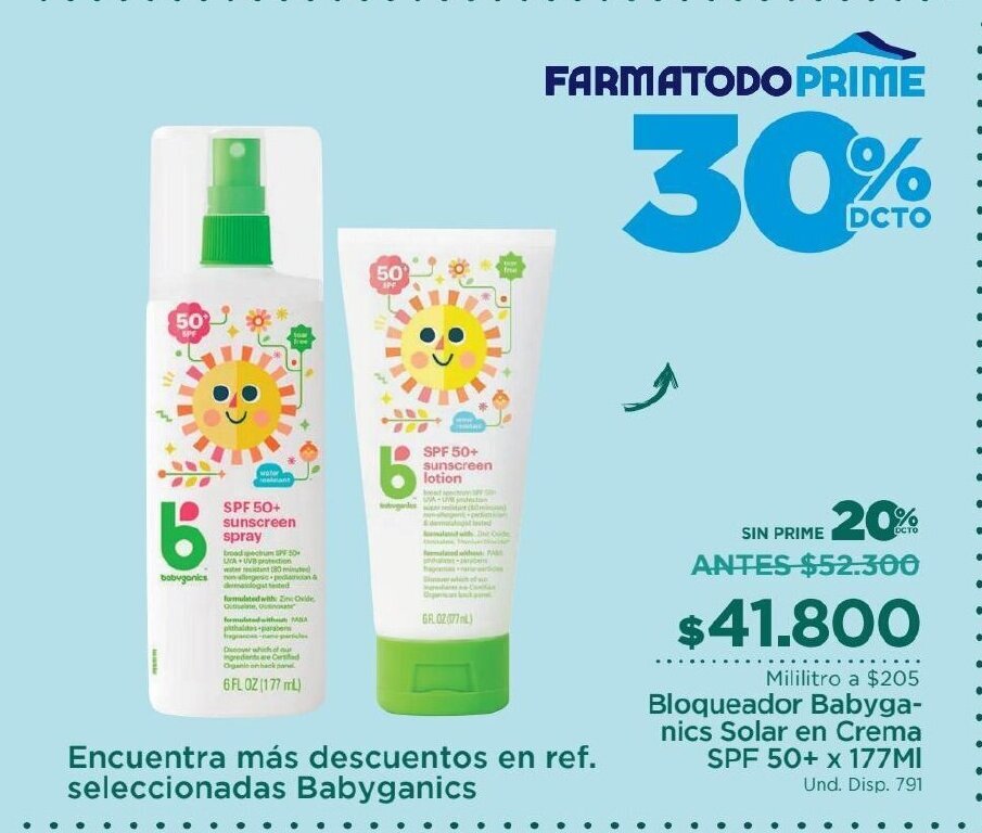 FarmaTodo Babyganics Bloqueador Solar en Crema SPF 50+ x 177 ml oferta